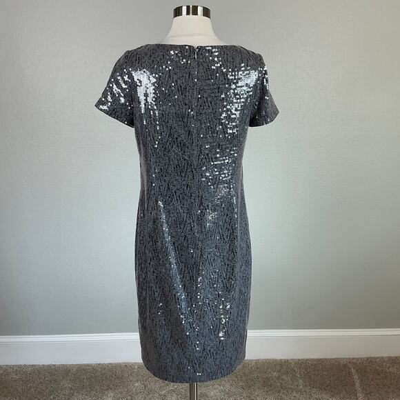 Ralph Lauren Sequined Short Sleeve Boat Neck Sheath Cocktail Dress Gray Size 4 - Picture 6 of 13